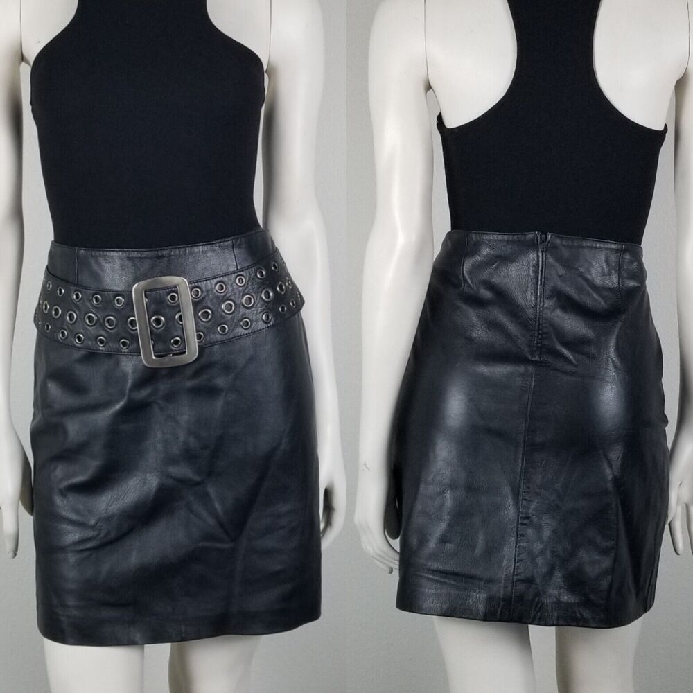 Isabel 90s Y2K Black Leather Goth Punk Wide Grommet Belted Buckle Skirt Size 6